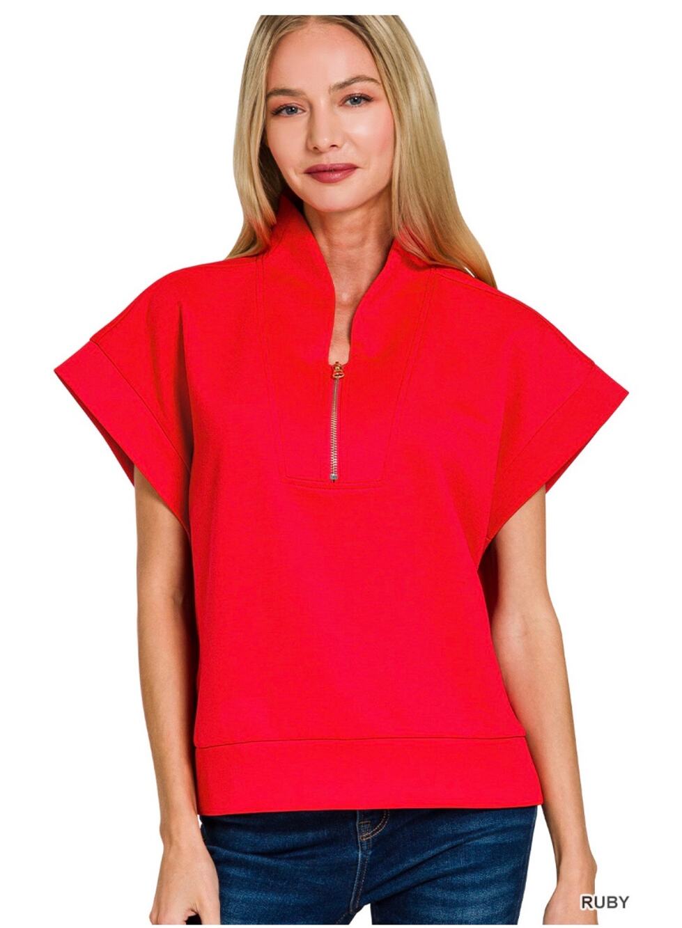 Zenana - Scuba High Neck Half Zip Top - Large/Xlarge